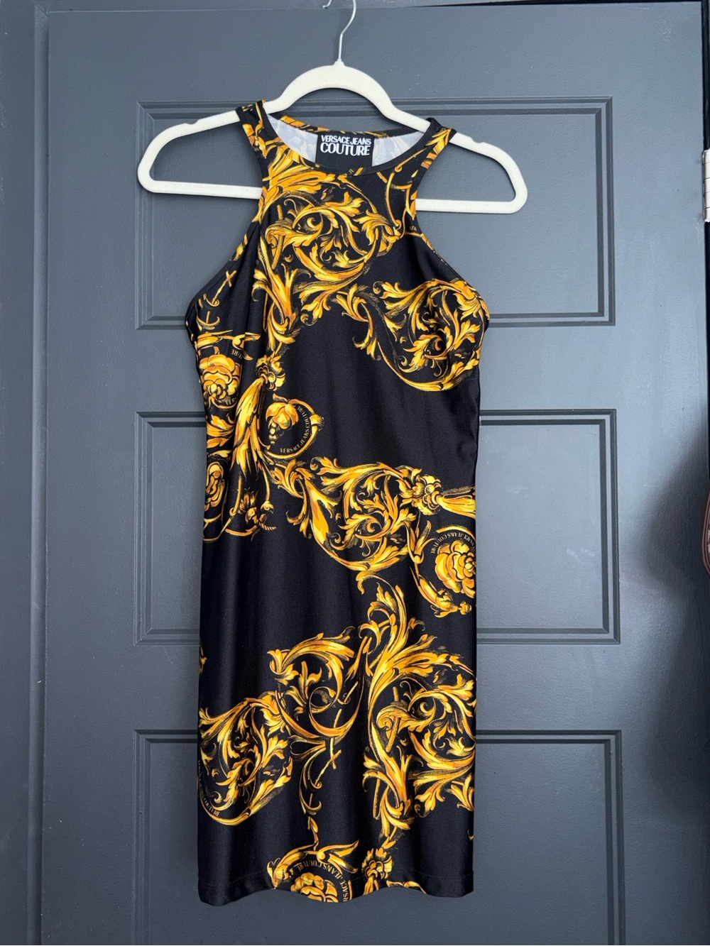 Versace Jeans Collection Black & Gold Baroque Halter Midi Dress